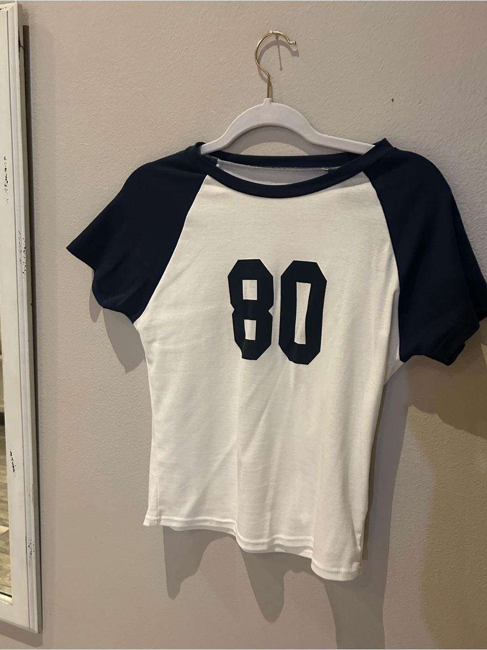Edikted White and Navy Raglan Tee with '80' Graphic